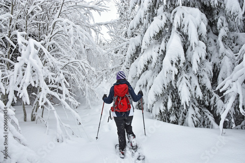 Fotografia Woman with red backpack snowshoeing in a deep forest