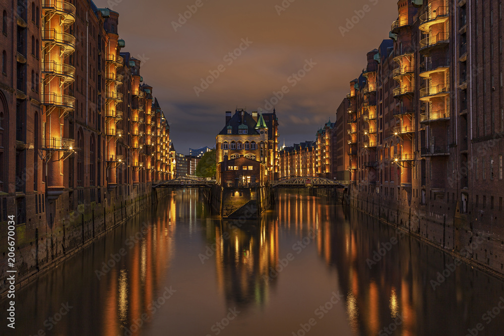 View to the illuminated moated castle at Hamburg / Germany