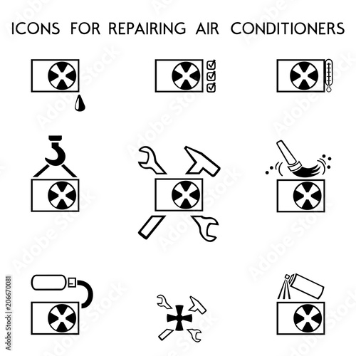 Icons for repairing air conditioners. Vector. The main types of work and maintenance of household appliances are shown.