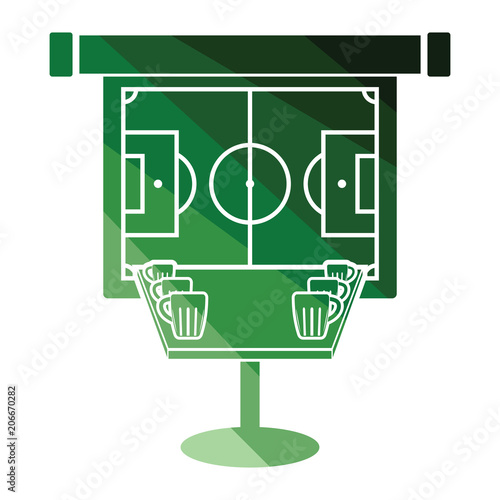 Sport bar table with mugs of beer and football translation on projection screen icon