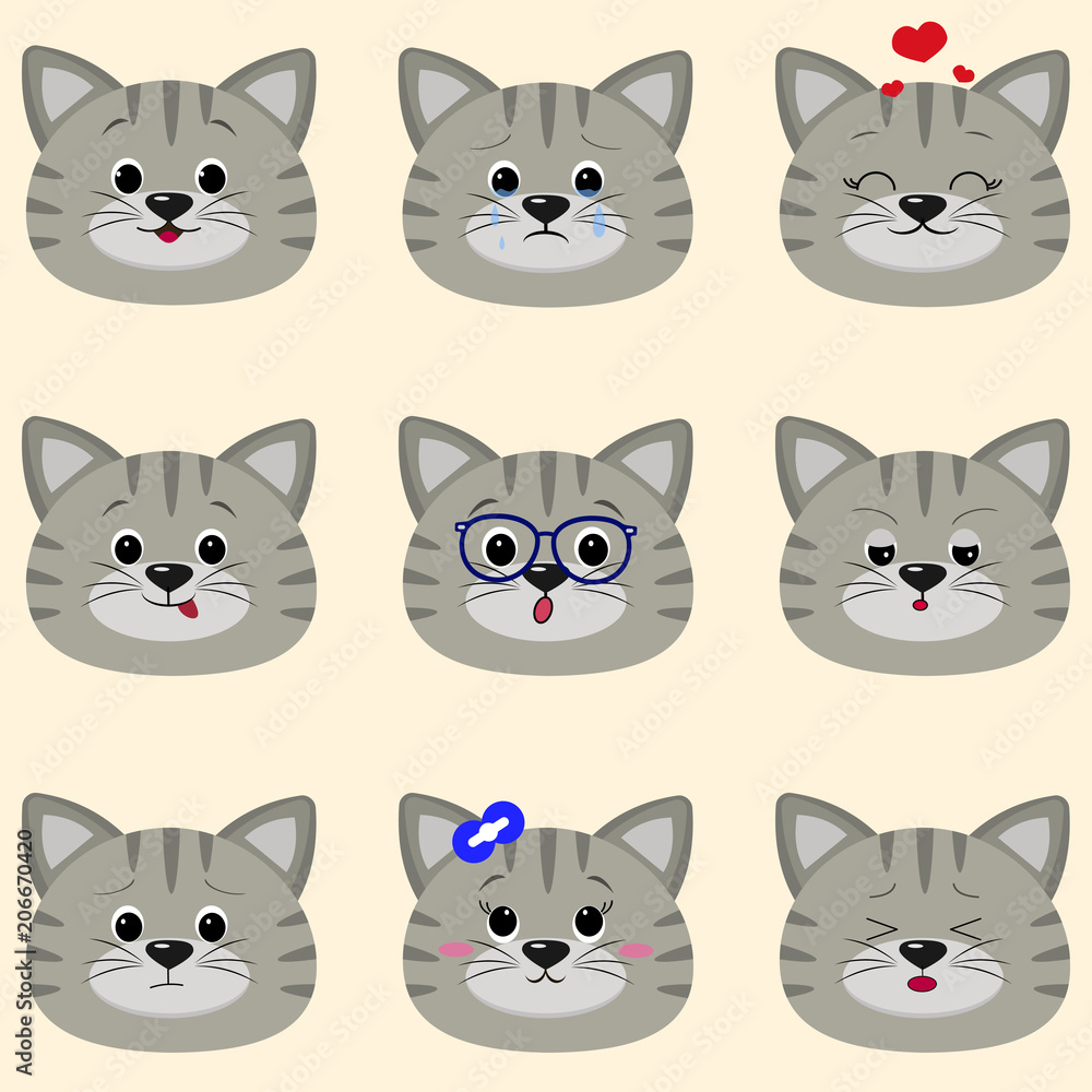 Set of cute gray cat face with different emotions in cartoon style. flat design, vector illustration