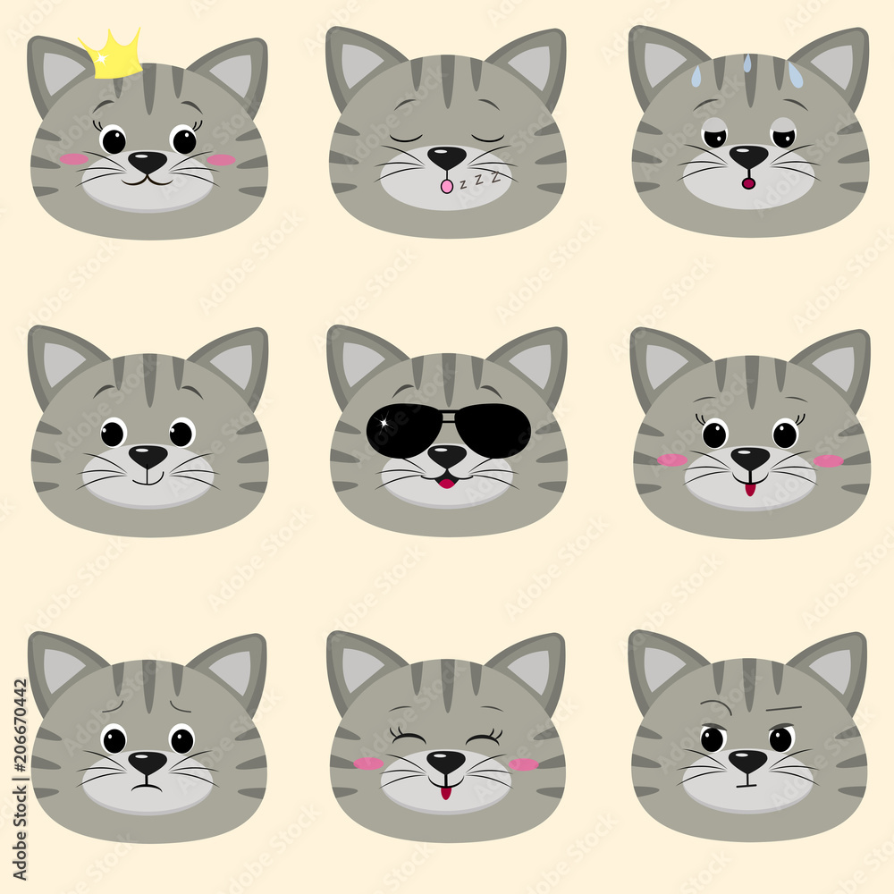 Set of cute gray cat face with different emotions in cartoon style. flat  design, vector illustration Stock Vector | Adobe Stock