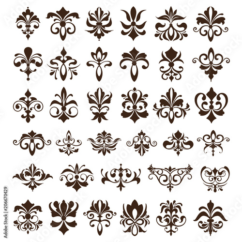 Vintage design elements ornaments frame corners curbs retro stickers and damask vector set illustration white background