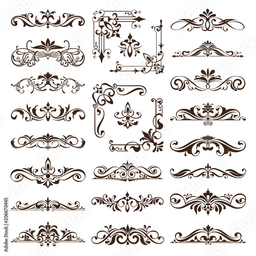 Vintage design elements ornaments frame corners curbs retro stickers and damask vector set illustration white background