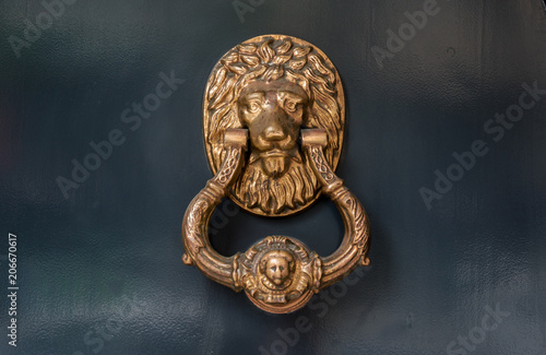 golden lion head door knocker with decorate ring
