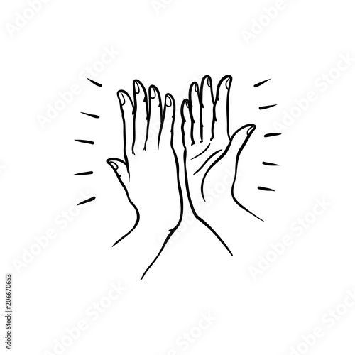 Hand gesture of two people giving each other high five in sketch style isolated on white background. Hand drawn black line vector illustration of hands palms joining together.