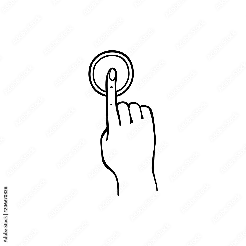 Human hand pressing button with index finger in sketch style isolated on white background. Hand drawn black and white vector illustration of wrist pushing doorbell to call or inform someone. Human hand pressing button with index finger in sketch style isolated on white background. Hand drawn black and white vector illustration of wrist pushing doorbell to call or inform someone.