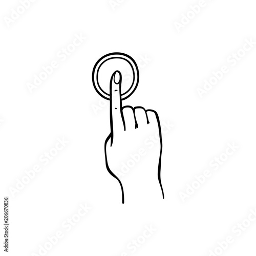Human hand pressing button with index finger in sketch style isolated on white background. Hand drawn black and white vector illustration of wrist pushing doorbell to call or inform someone.