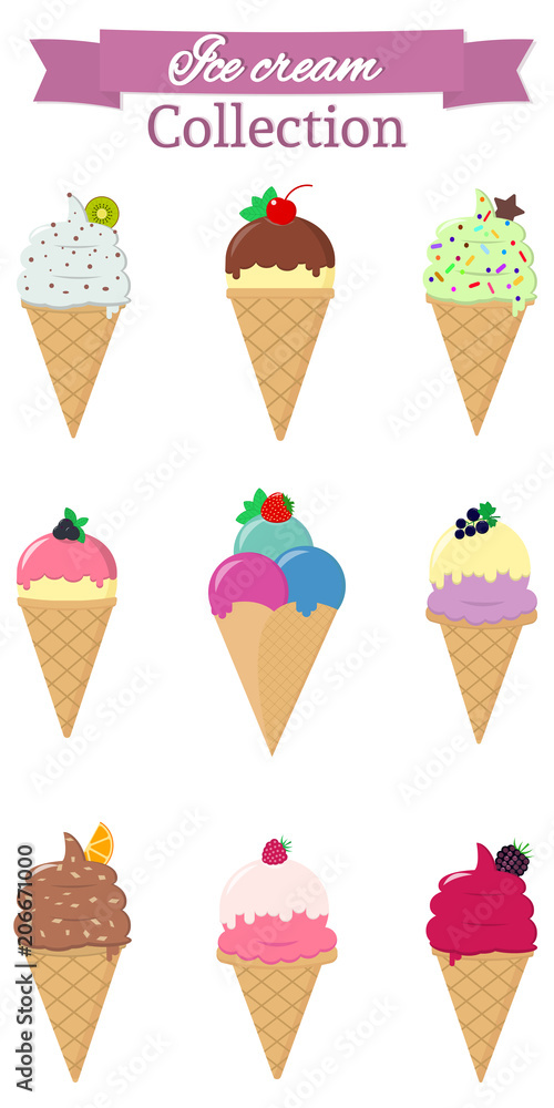 Set of nine different sweet ice cream on white background and pink ribbon with text. Flat style, vector illustration. Set of nine different sweet ice cream on white background and pink ribbon with text. Flat style, vector illustration.