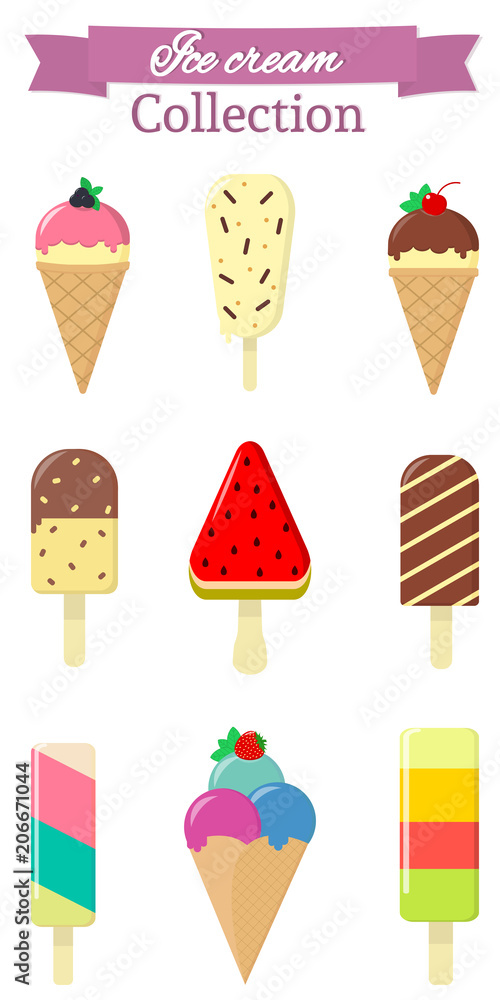 Set of nine different sweet ice cream on white background and pink ribbon with text. Flat style, vector illustration. Set of nine different sweet ice cream on white background and pink ribbon with text. Flat style, vector illustration.