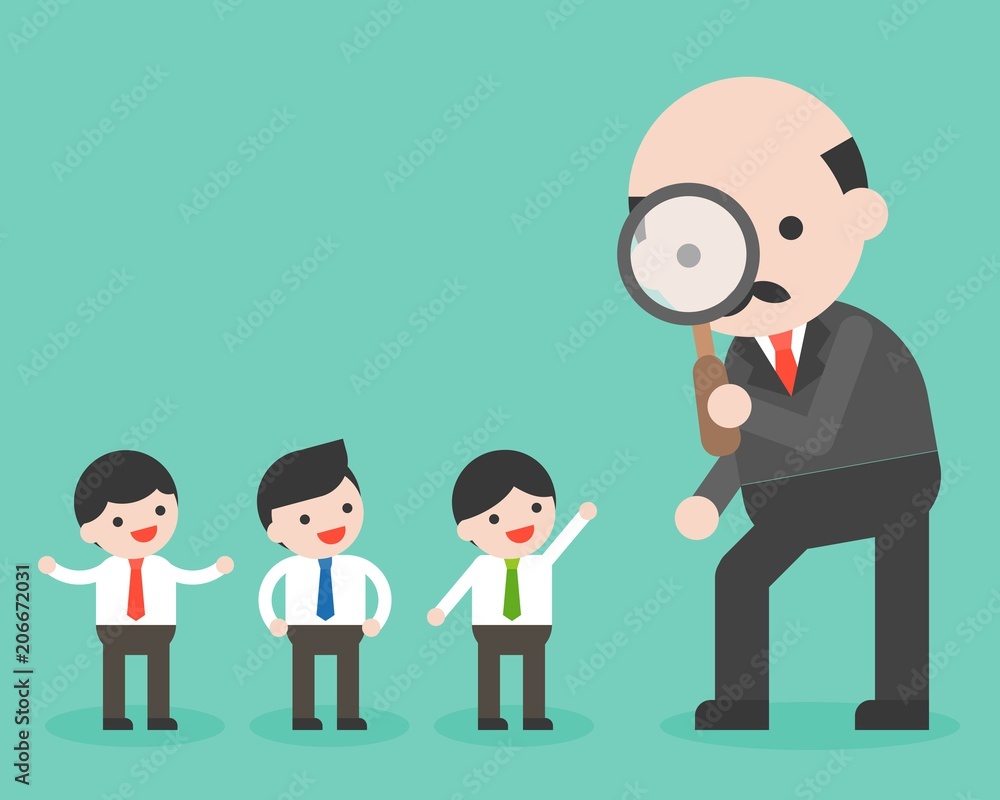 CEO look through magnifying glass to group of tiny businessman, recruitment concept CEO look through magnifying glass to group of tiny businessman, recruitment concept