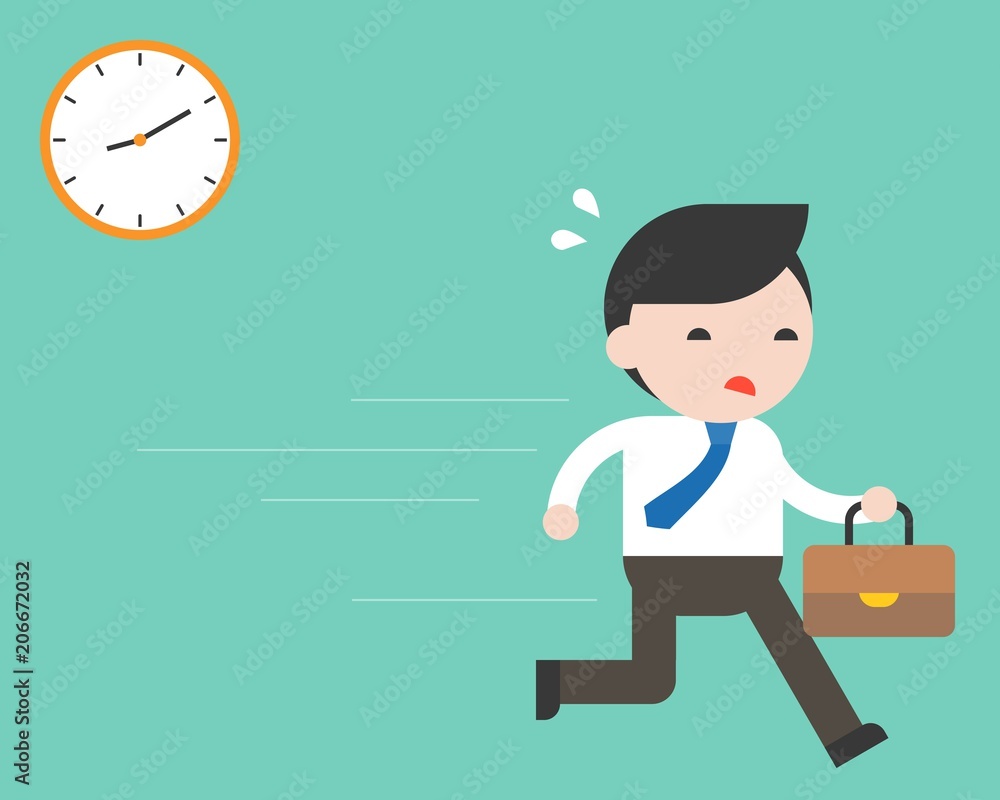 Businessman hurry on work with clock, flat design