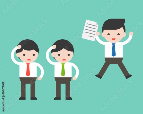 Happy business man holding contact and doubtful businessman, competition in business concept