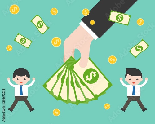 Hand holding banknotes between 
 happy businessman, bonus and increase salary concept, flat design illustration
