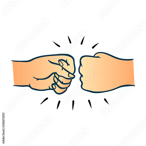 Two human hands giving fist bump gesture in sketch style isolated on white background. Hand drawn vector illustration of pair of wrists greeting each other with fist together.
