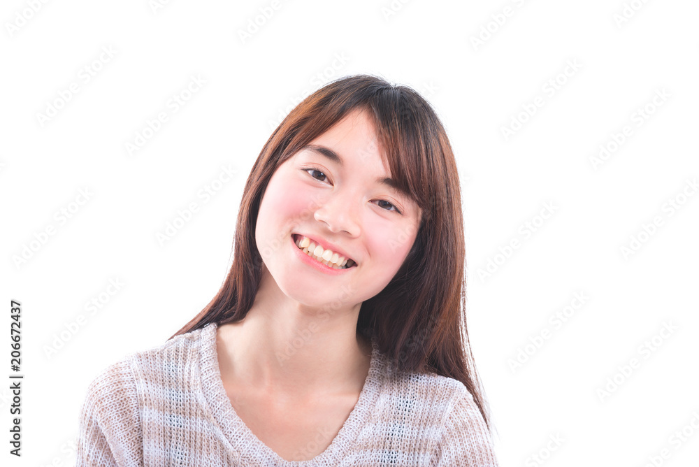 Beautiful young asian girl smiling over white background Beautiful young asian girl smiling over white background