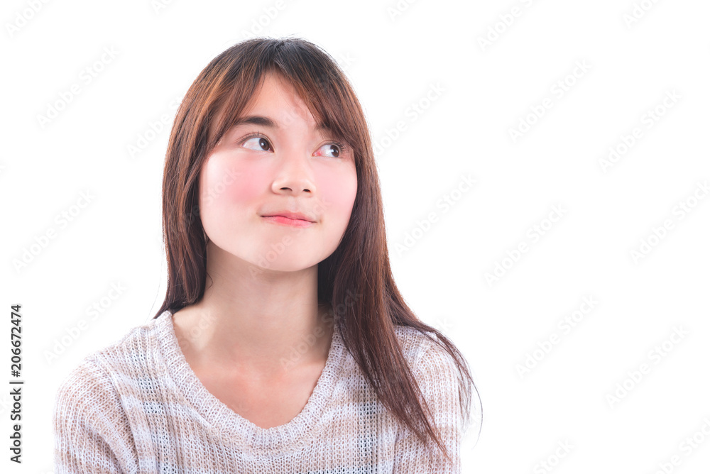 Beautiful young asian girl thinking over white background Beautiful young asian girl thinking over white background