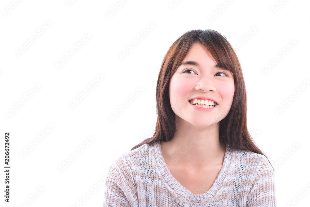 Beautiful young asian girl smiling over white background Beautiful young asian girl smiling over white background