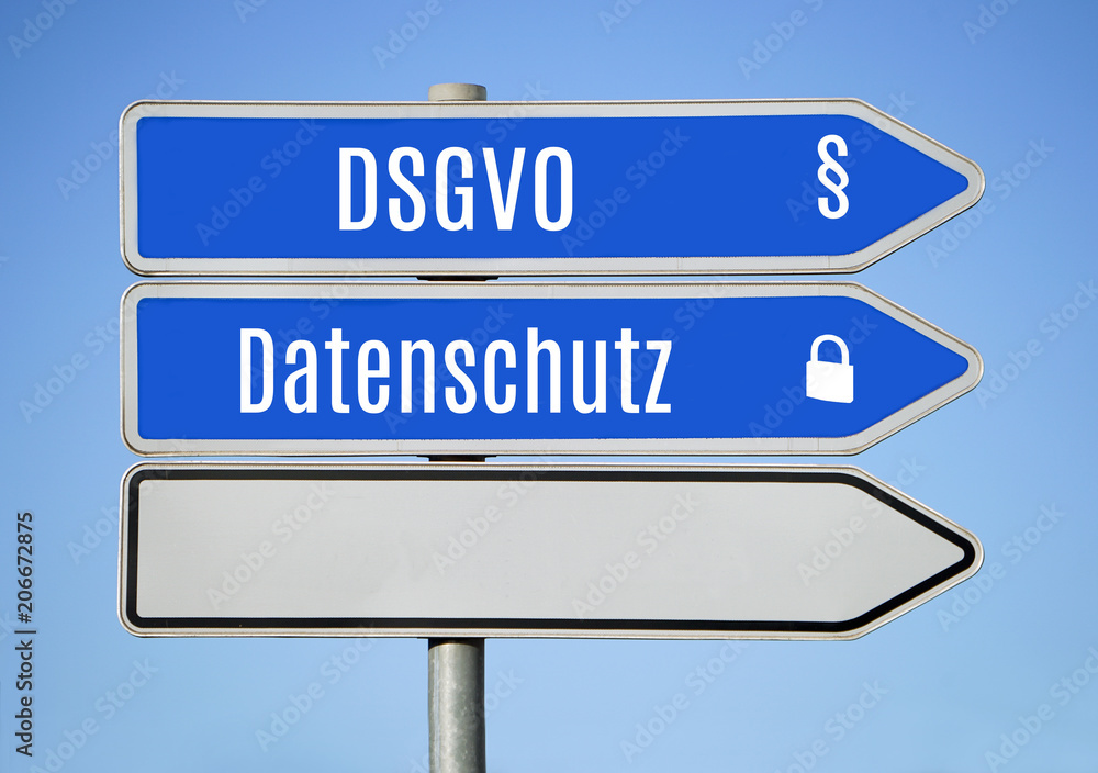Wegweiser DSGVO Datenschutz in blau und neutral Wegweiser DSGVO Datenschutz in blau und neutral
