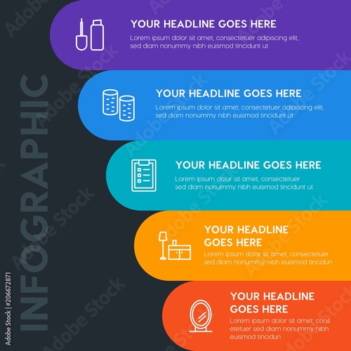 Flat furniture, housekeeping, beauty and cosmetics infographic steps template with 5 options for presentations, advertising, annual reports.