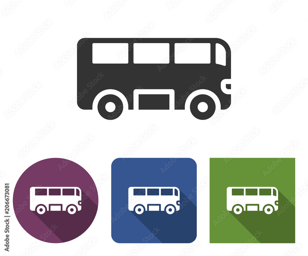 Bus icon in different variants with long shadow Bus icon in different variants with long shadow