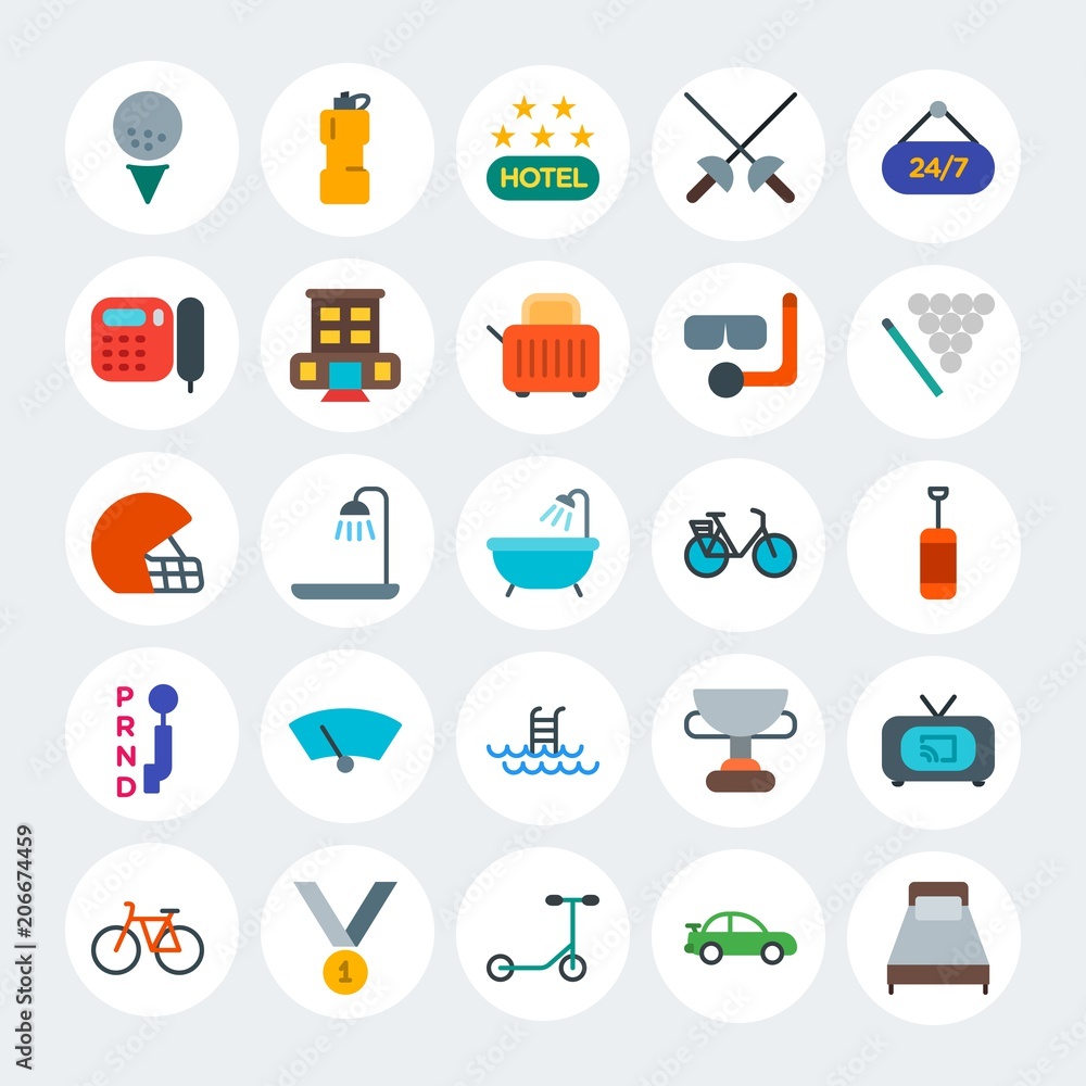 Fototapeta premium Modern Simple Set of transports, hotel, sports Vector flat Icons. Contains such Icons as cycle, tv, golf, award, healthy, race and more on white cricle background. Fully Editable. Pixel Perfect.