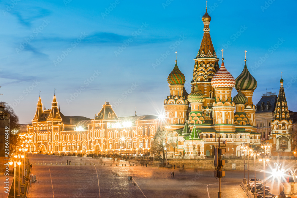 Moscow cityscape with St Basils Cathedral and Red Square buildings