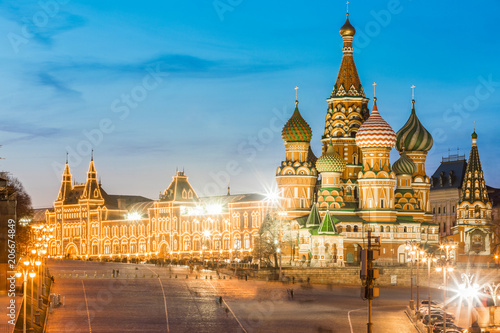 Moscow cityscape with St Basils Cathedral and Red Square buildings