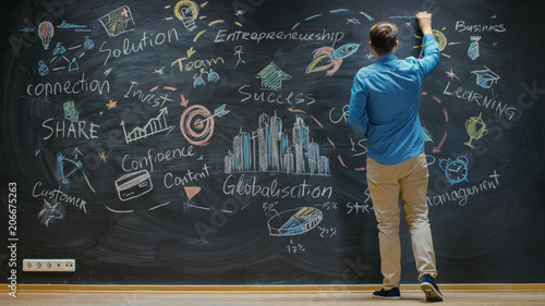 Fotografi Creative Entrepreneur Stands Before Blackboard Looks at the Blackboard With Inspirational Words and Drawings on it