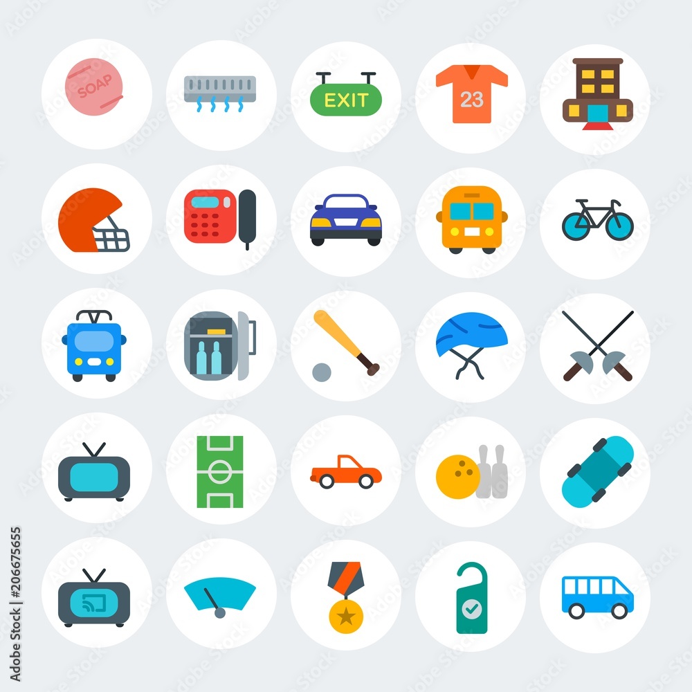 Modern Simple Set of transports, hotel, sports Vector flat Icons. Contains such Icons as  concept,  transport,  hygiene,  television and more on white cricle background. Fully Editable. Pixel Perfect.