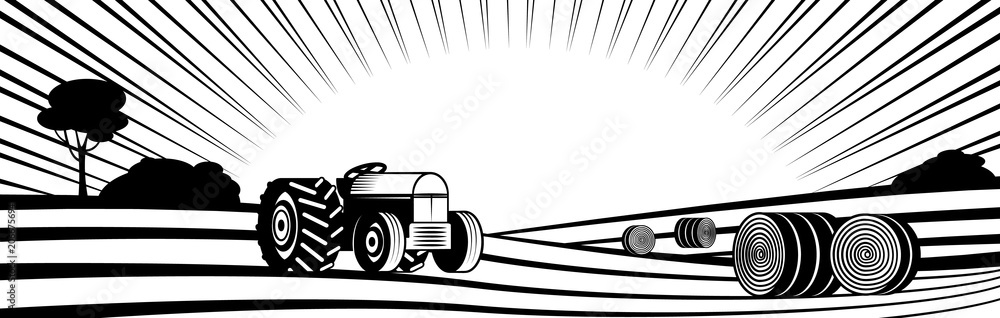 Obraz premium Agricultural tractor and round hay bales in rural landscape with hills and fields monochrome silhouette - transport on farmland with rows of agricultural plants. Vector illustration of countryside.