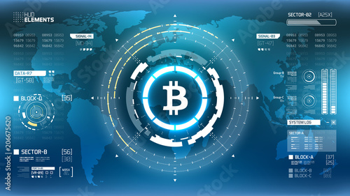 Bitcoin cryprocurrency futuristic vector HUD infographics. Worldwide digital money technology