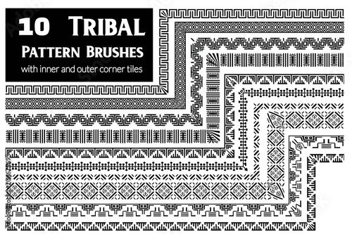 Tribal, ethnic vector pattern brushes with inner and outer corner tiles. Perfect for creating design elements, geometric ornament, frames, borders and more. All used brushes included in brush palette.