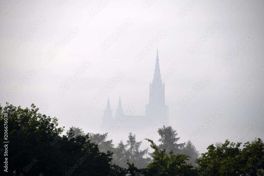 cathedral of ulm shrouded in the deep fog