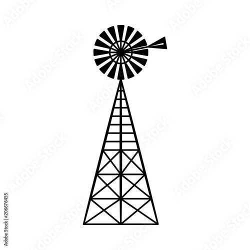 Classic vintage windmill turbine technology isolated on white background - traditional farm equipment of wind-powered water pump for farmer ranch in black and white vector illustration.