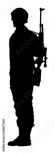 Saluting army soldier with sniper rifle on duty vector silhouette (Memorial day, Veteran's day, 4th of july, Independence day ) semi automatic, carbine, kalash. Soldier keeps the watch, on the guard. © dovla982