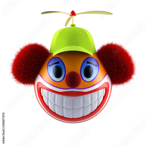 Smiling clown face emoticon sphere with funny baseball cap. 3d render.