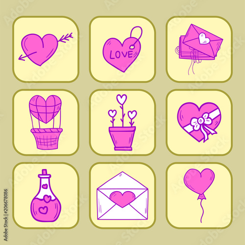 Wedding outline icons vector illustration married celebration groom invitatio...