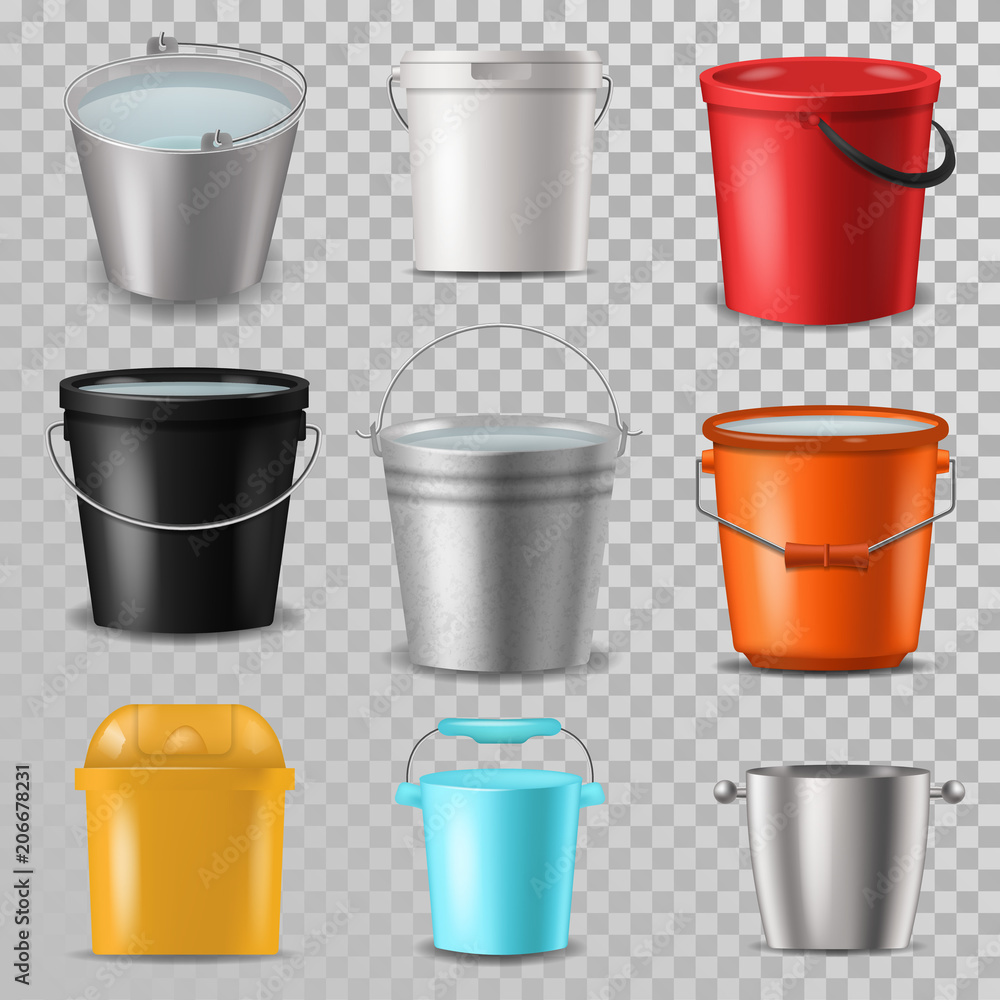 Bucket vector bucketful and bitbucket plastic pail empty or with water bucketing down in garden and garbagepail or pailful for gardening set illustration isolated on transparent background Bucket vector bucketful and bitbucket plastic pail empty or with water bucketing down in garden and garbagepail or pailful for gardening set illustration isolated on transparent background