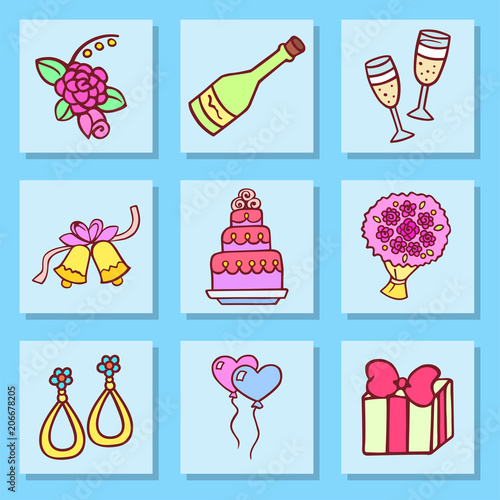 Wedding outline hand drawn icons vector illustration married celebration musi...