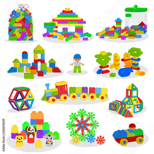 Kids building blocks vector baby toys colorful bricks for construction in playroom where children build or construct tower illustration set of child blocks games isolated on white background