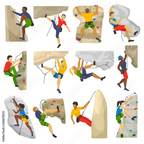 Mountain climbing vector climber climbs rock wall or mountainous cliff and people in extreme sport mountaineer character mounts set illustration of mountaineering isolated on white background