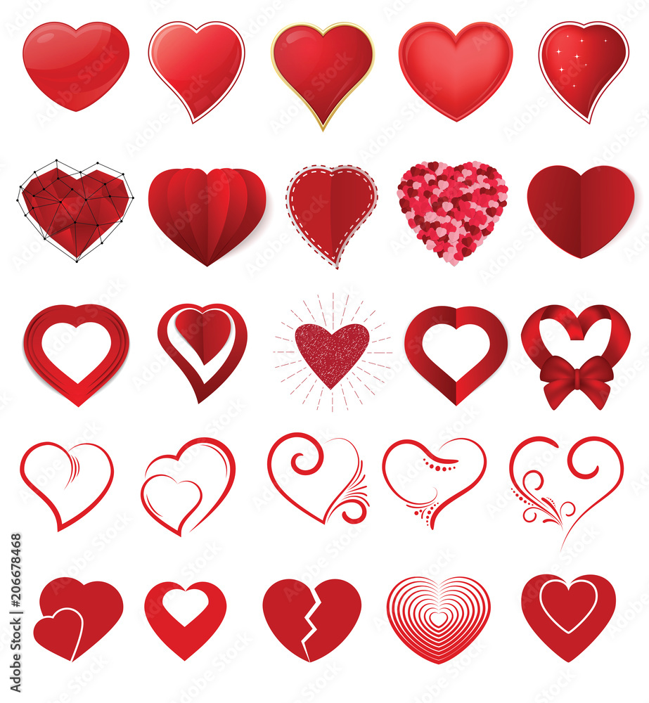 Heart on valentines day in love vector lovely red sign on hearted celebration and greeting card with loving and heartiness set illustration isolated on white background