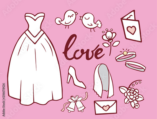 Wedding outline hand drawn icons vector illustration married celebration musi...