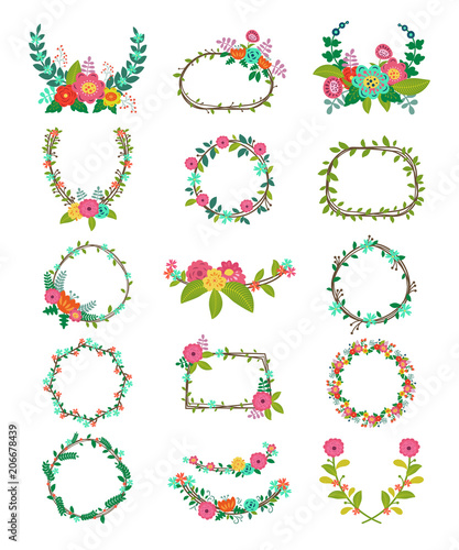 Wreath vector wreathed flowers and floral decorations to decorate or wreathe flowered frame with wreathen leaves for wedding greeting card illustration isolated on white background set photo
