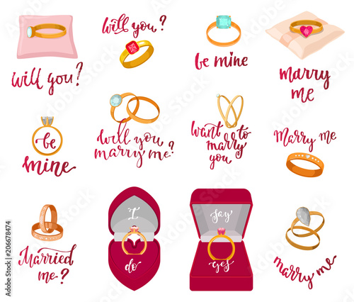 Wedding rings vector marriage proposal merry me text or wed lettering married me and textual calligraphy for bridal celebration invitation or card isolated on white background illustration