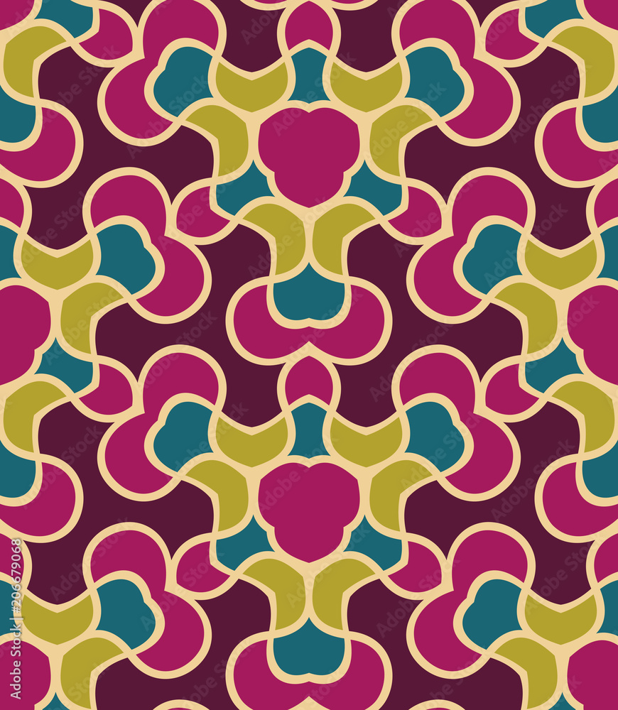 Seamless pattern morrocan ornament. Floral textile print. Islamic vector design. Oriental background with abstract flowers. Hexagonal trefoil swatch. Stained glass vitrage. Seamless pattern morrocan ornament. Floral textile print. Islamic vector design. Oriental background with abstract flowers. Hexagonal trefoil swatch. Stained glass vitrage.