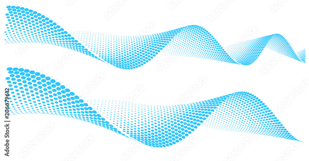 Dots swirl waves, halftone surface. Curved dotted plane symbolized movement, flow motion. - obrazy, fototapety, plakaty 