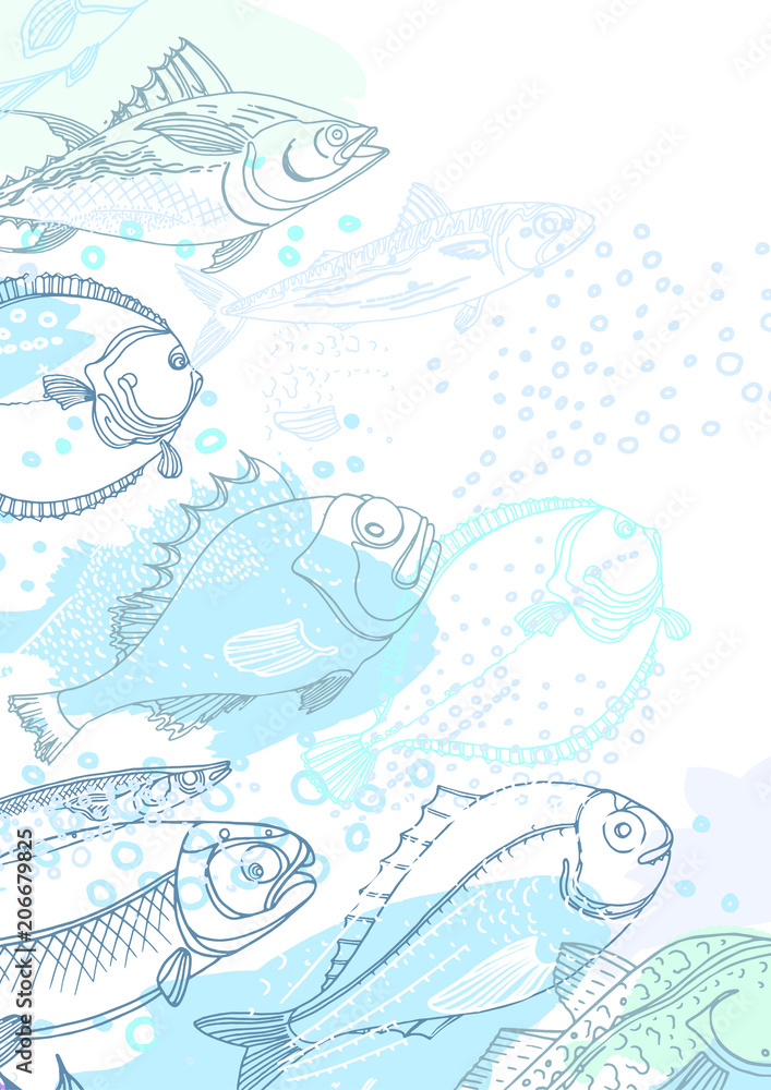 Naklejka premium Vector design of sea fish. Doodle background