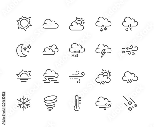 Simple Set of Weather Related Vector Line Icons. Contains such Icons as Wind, Blizzard, Sun, Rain and more. Editable Stroke. 48x48 Pixel Perfect.